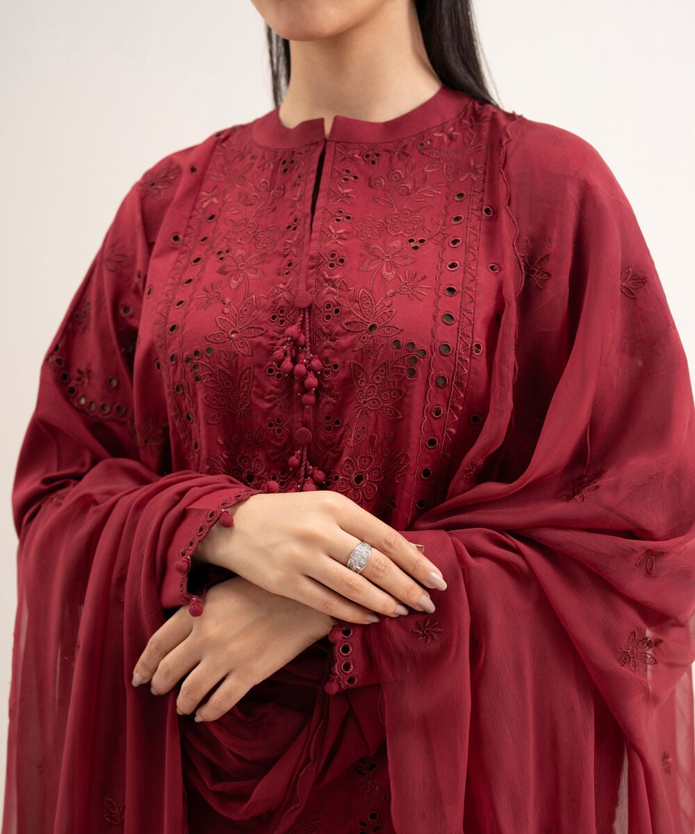 Women's Unstitched Textured Lawn Embroidered Red 3 Piece Suit