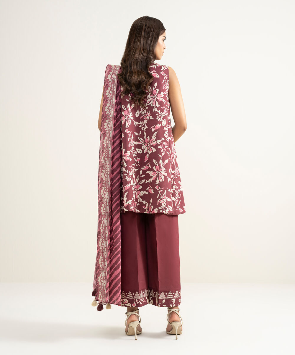 Women's Unstitched Lawn Printed Red 3 Piece Suit