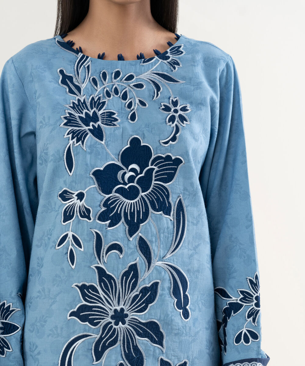 Women's Unstitched Embroidered Cotton Jacquard Blue 3 Piece Suit