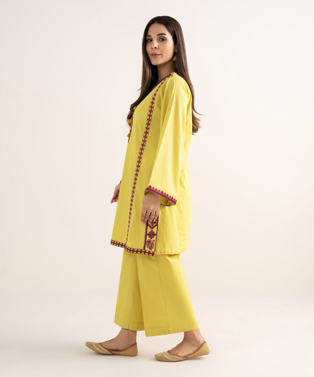 Women's RTW Textured Cotton Yellow Embroidered Boxy Shirt