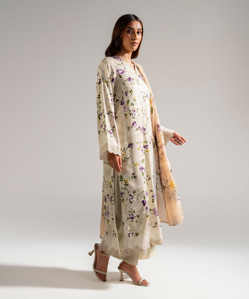 Women's RTW Self Jacquard Embroidered White 3 Piece Suit