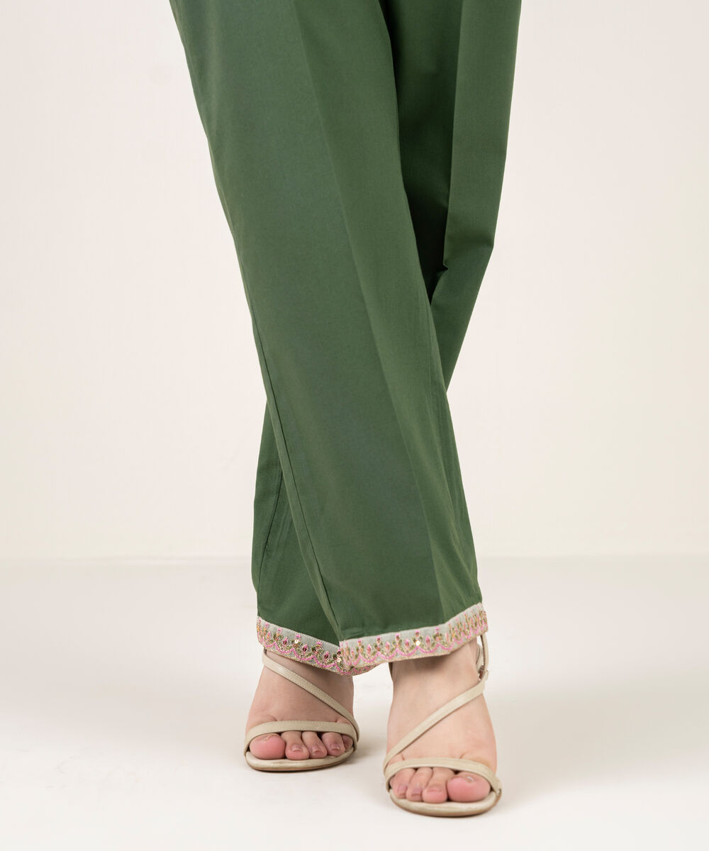 Women's RTW Cambric Embroidered Green Straight Pants