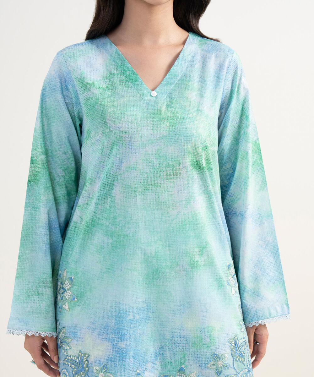 Women's RTW Lawn Embroidered Blue Straight Shirt