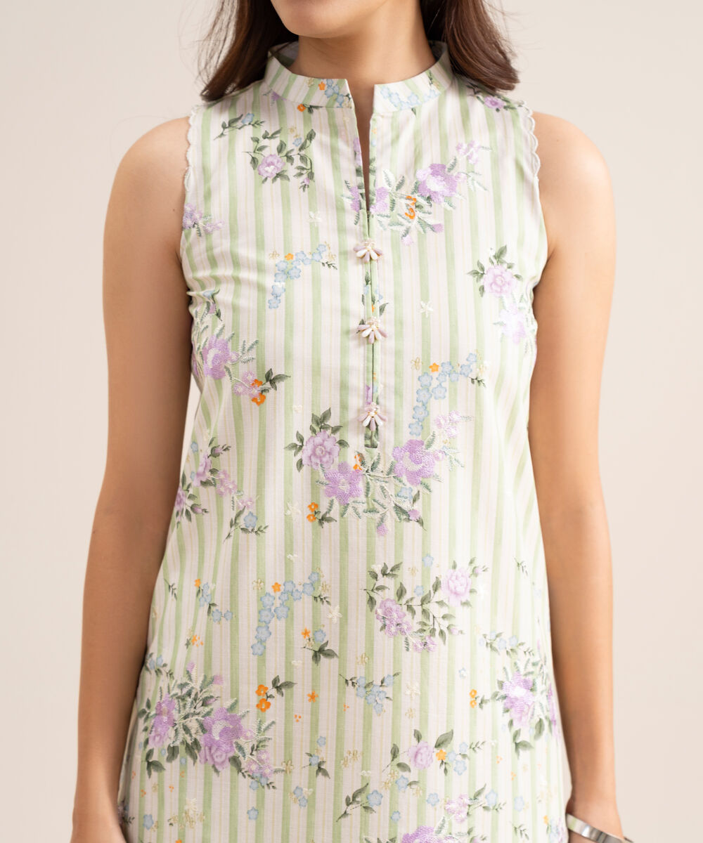 Women's Unstitched Lawn Embroidered Off White & Green 3 Piece Suit
