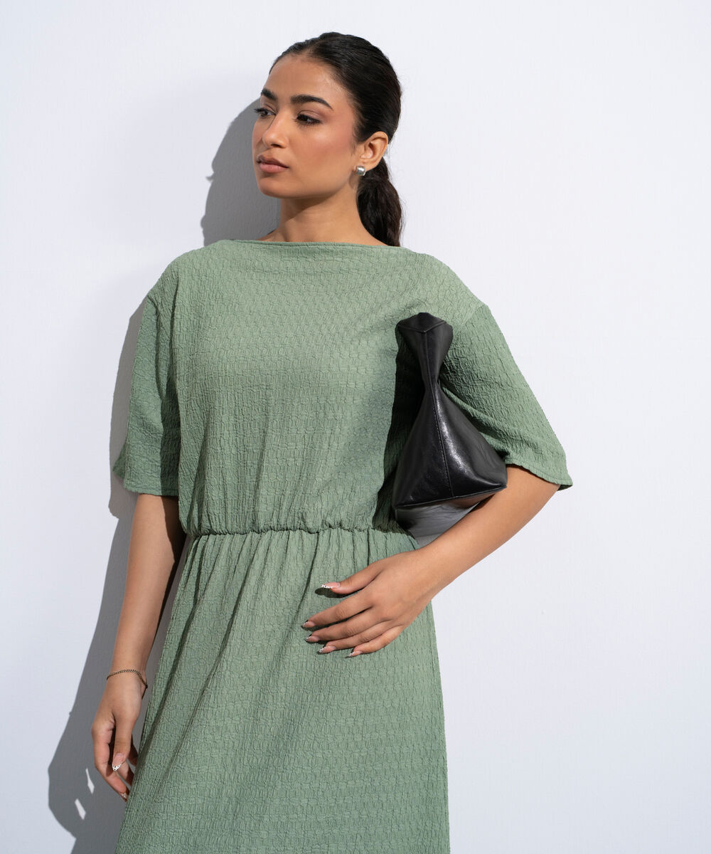 Women's Sage Green Midi Dress In Textured Fabric