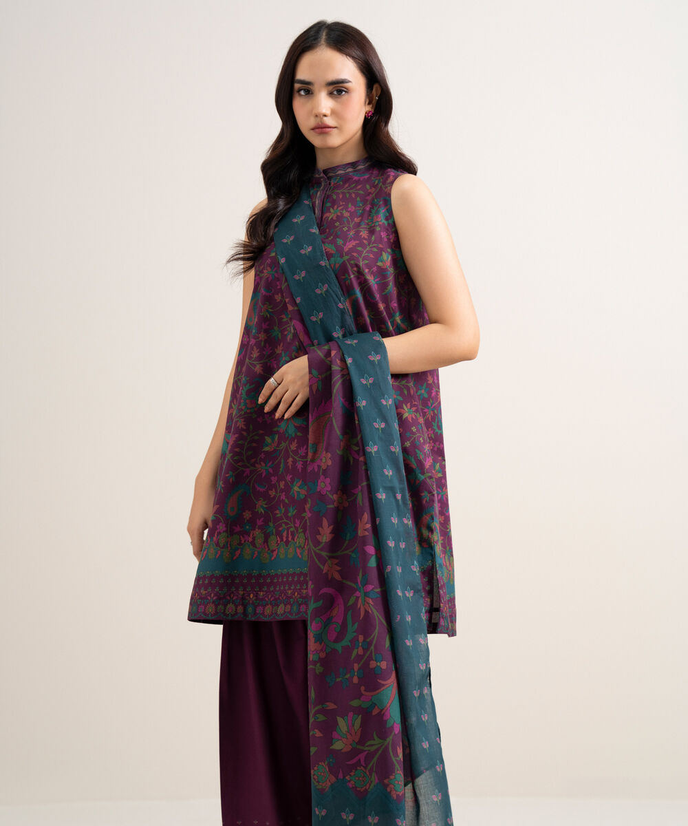 Women's Unstitched Lawn Printed Plum 3 Piece Suit