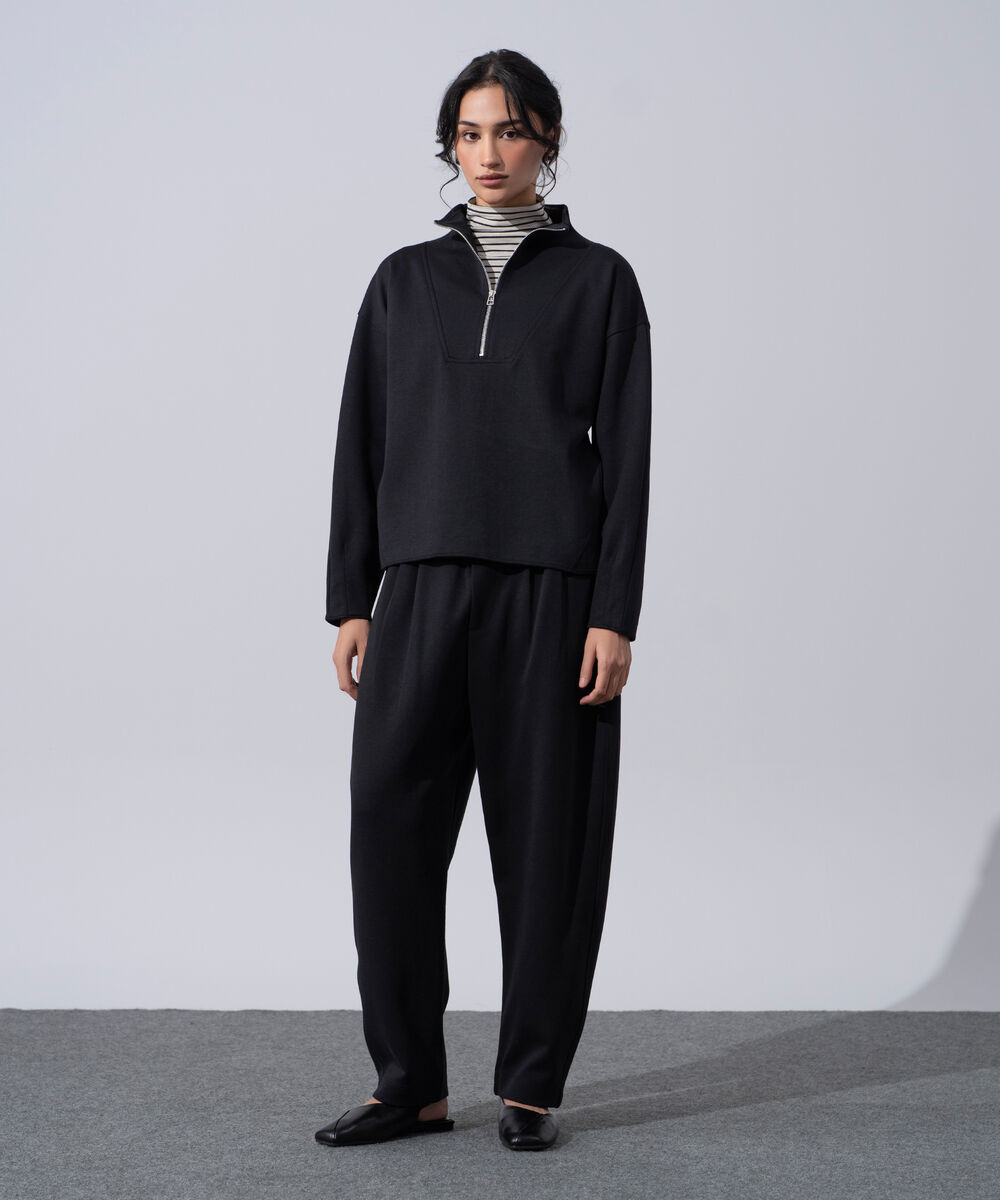 Women's Western Wear Black Knit Barrel-Fit Trousers