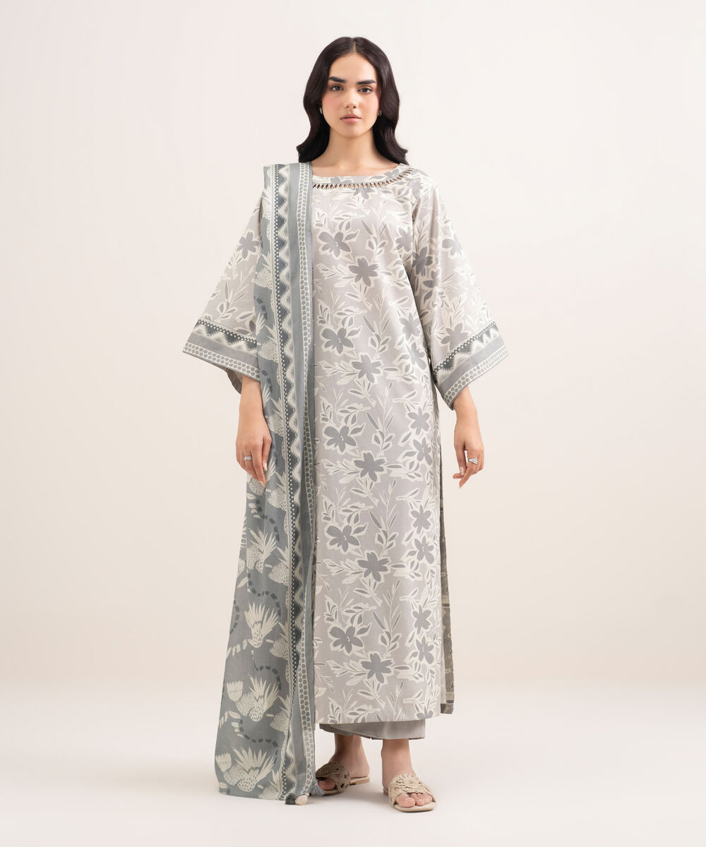 Women's Unstitched Lawn Printed Grey 3 Piece Suit