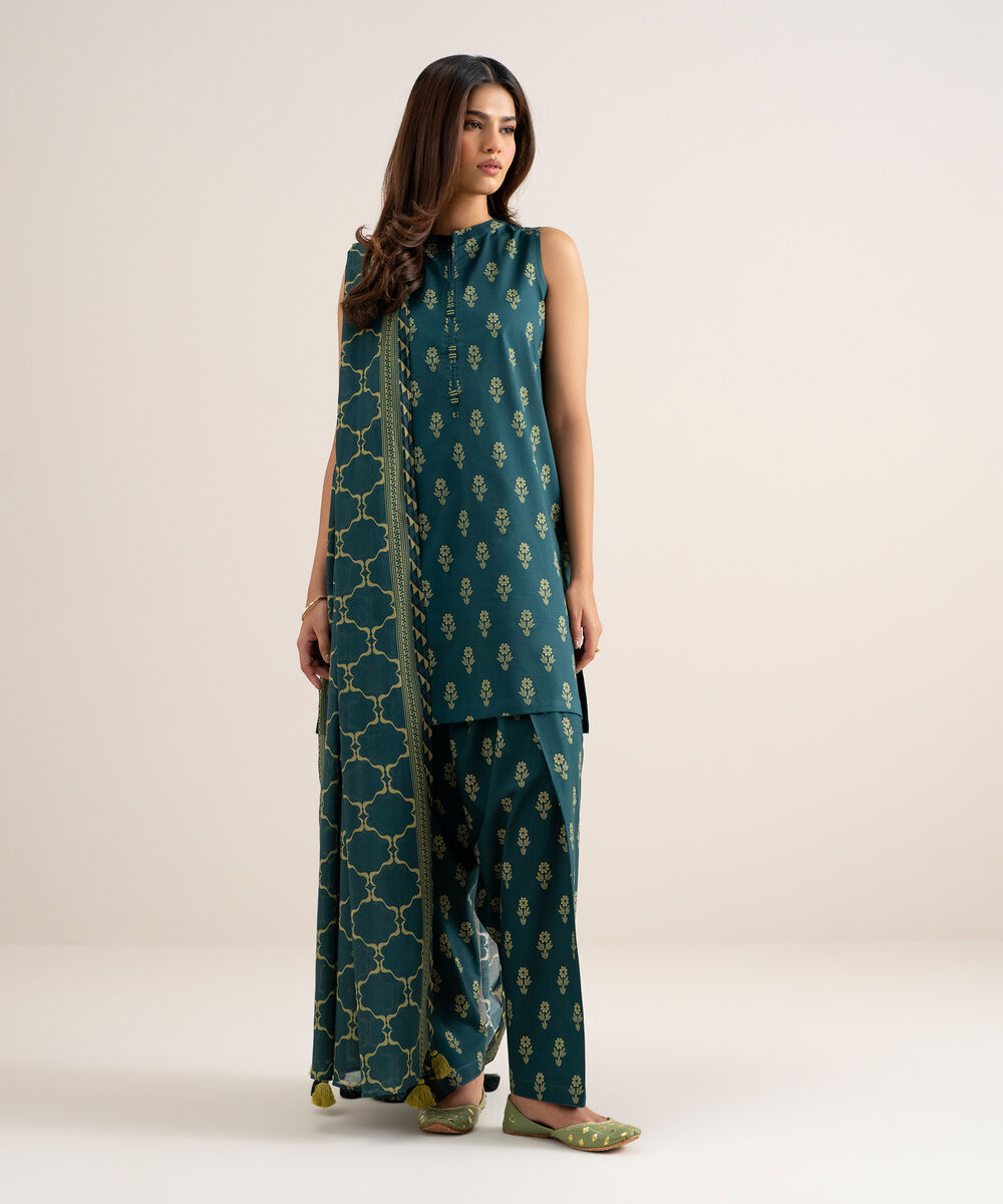 Women's Unstitched Lawn Printed Teal Blue 3 Piece Suit