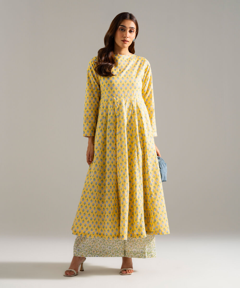 Women's RTW Slub Lawn Printed Yellow Peshwas