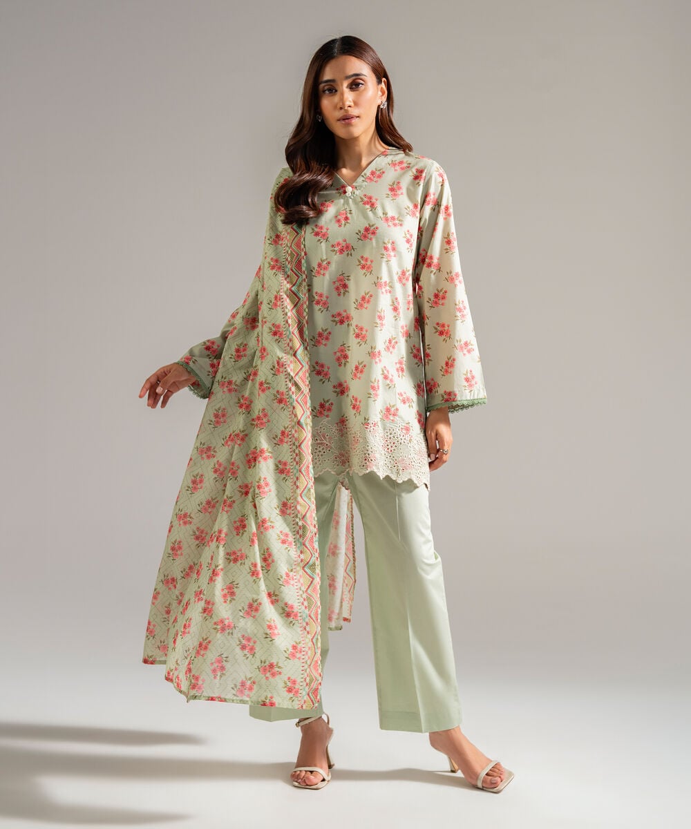 Women's RTW Lawn Embroidered Green 3 Piece Suit