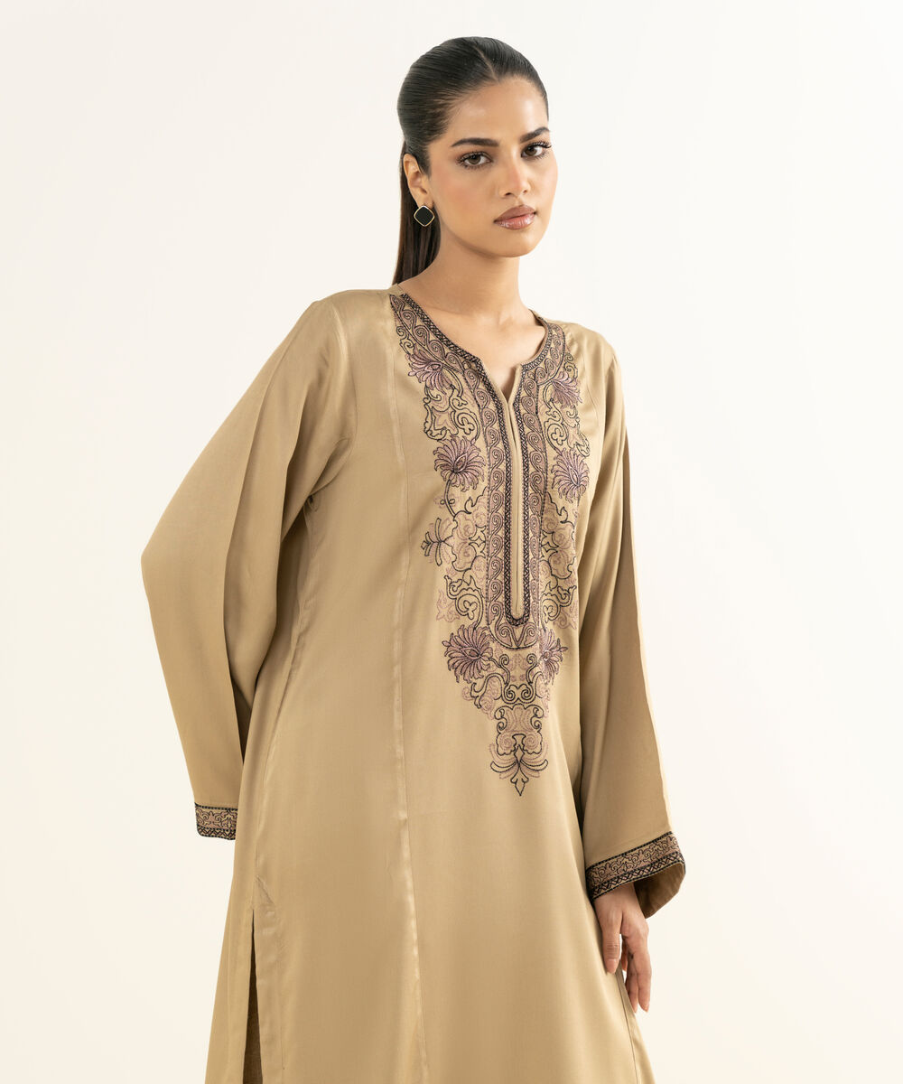Women's RTW Bedford  Embroidered Beige A-Line Shirt