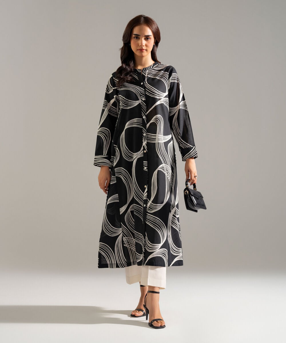 Women's RTW Slub Lawn Printed Black A-Line Shirt