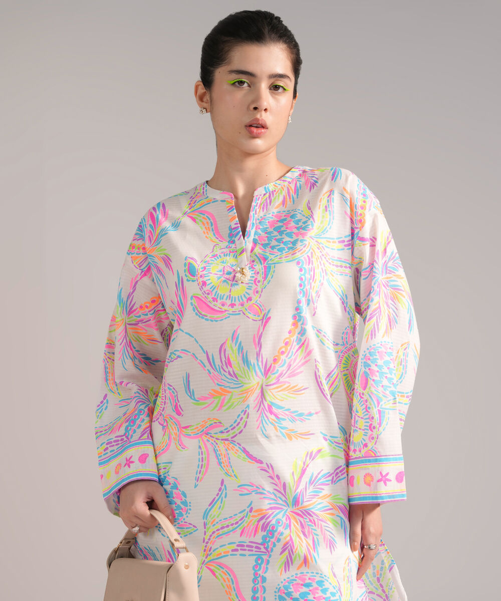 Women's RTW Dobby Printed White 2 Piece Suit