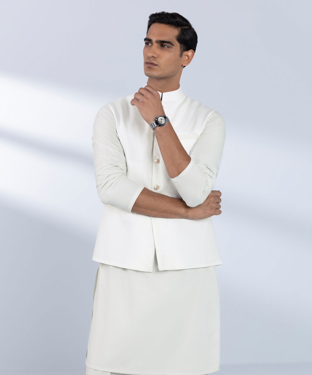 Men's Stitched Embroidered White Waistcoat