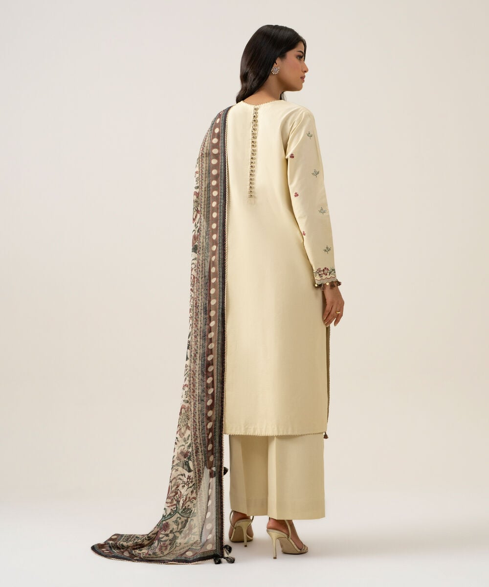 Women's Unstitched Bemberg Tissue Embroidered Beige 3 Piece Suit