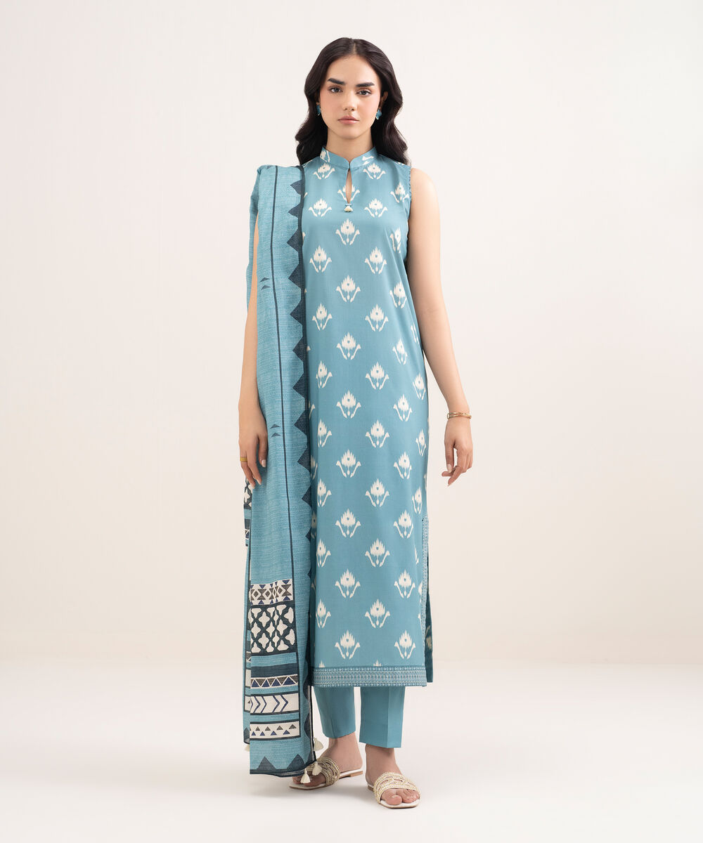 Women's Unstitched Lawn Printed Blue 3 Piece Suit