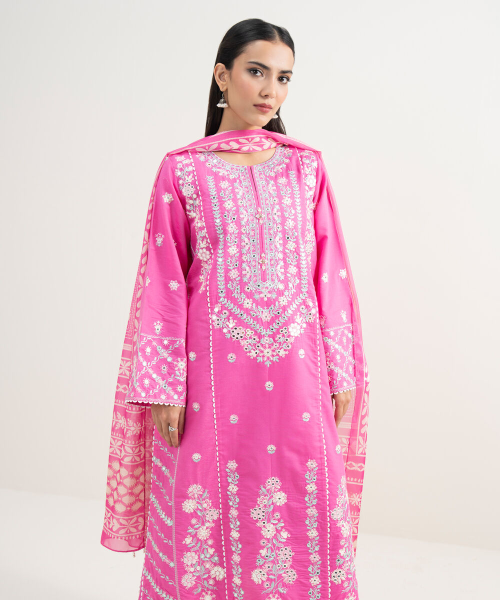 Women's RTW Zari Cotton Embroidered Pink 3 Piece Suit