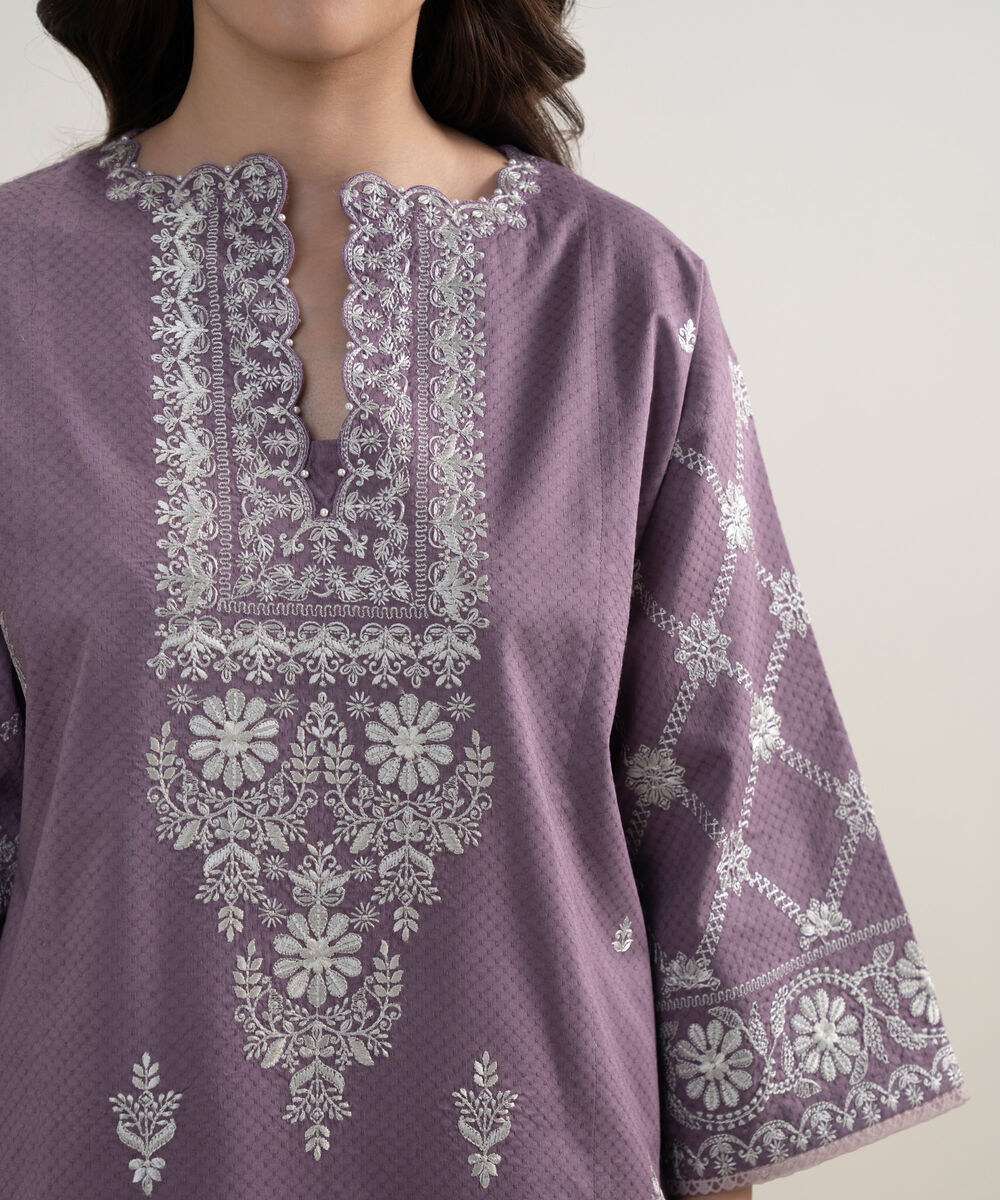 Women's Unstitched Dobby Embroidered Purple 3 Piece Suit