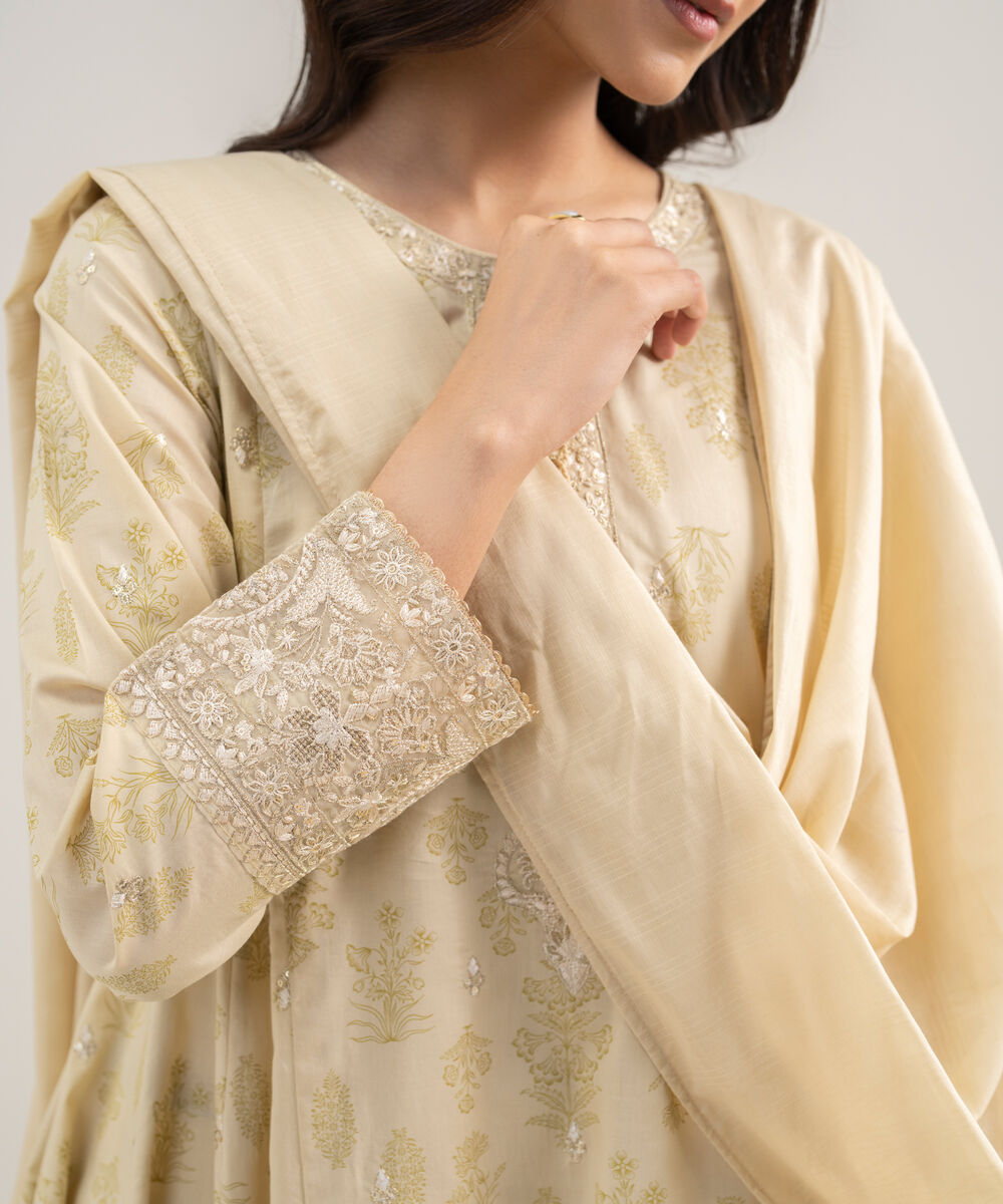 Women's RTW Lawn Embroidered Beige 3 Piece Suit