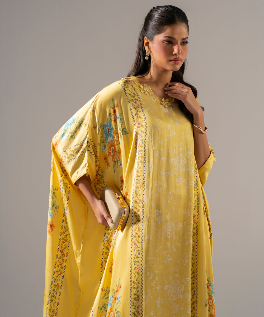 Women's RTW White Featheer Chamoz Printed Yellow Kaftan