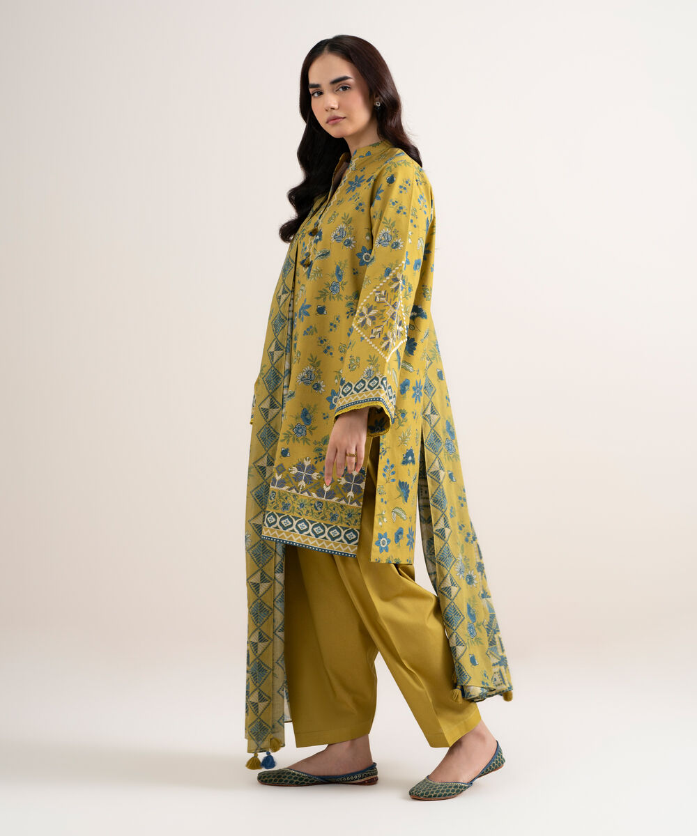 Women's Unstitched Cotton Embroidered Yellow 3 Piece Suit