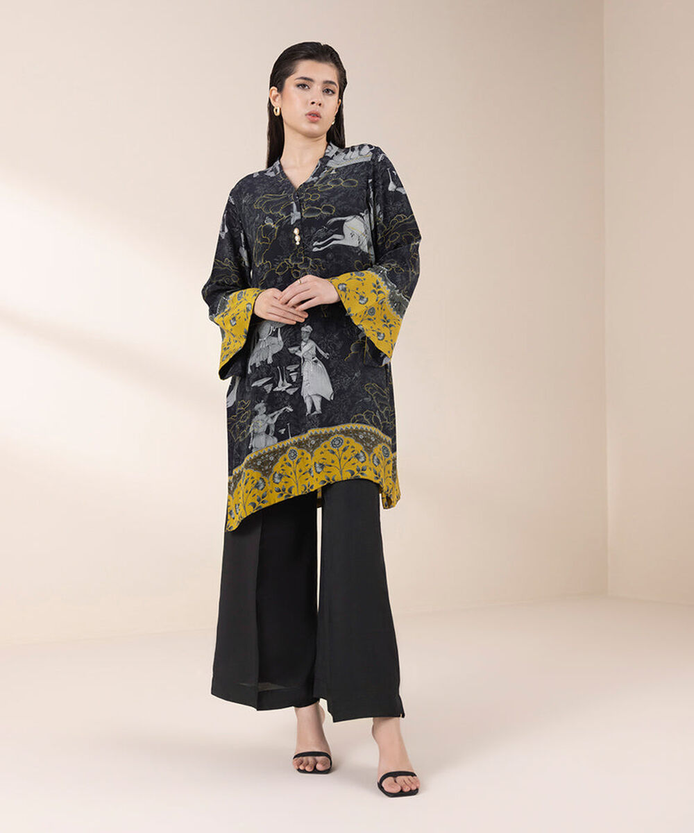 Women's Pret Black 2 Piece Printed Raw Silk Suit