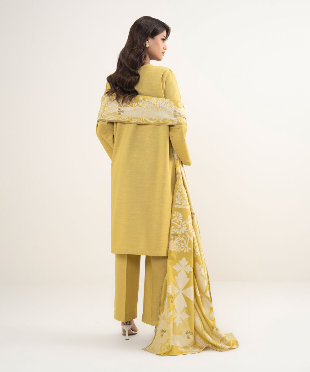Women's Unstitched Zari Khaddar Yellow  3 Piece Suit