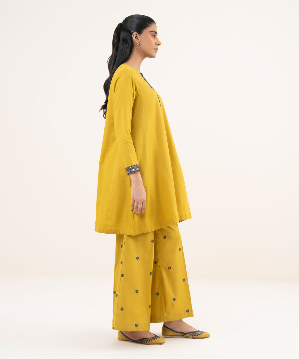 Women's RTW Textured Cotton Yellow Embroidered A-Line Shirt