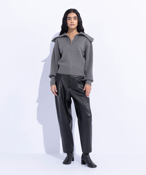 Ribbed Sweater with Exaggerated Collar null