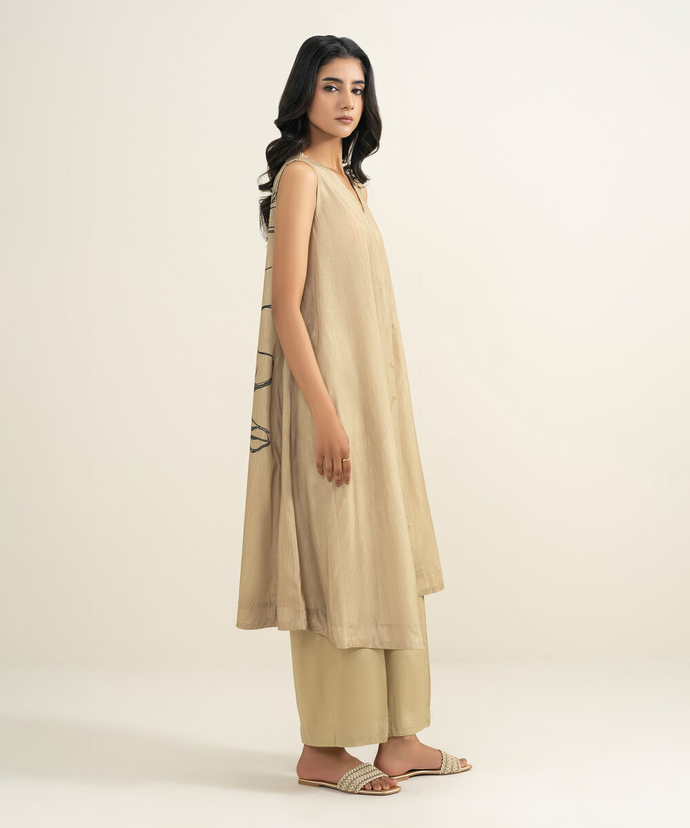 Women's RTW Blended Grip Silk Printed Beige 2 Piece Suit