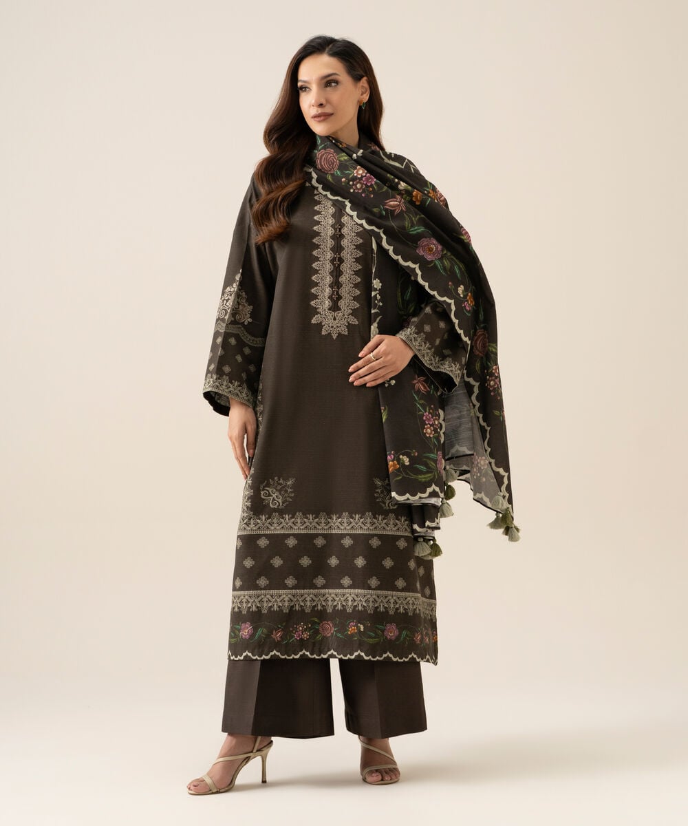 Women's Unstitched Light Khaddar Embroidered Brown 3 Piece Suit