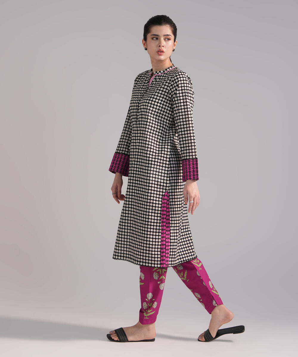 Women's RTW Slub Lawn Printed Black Straight Shirt