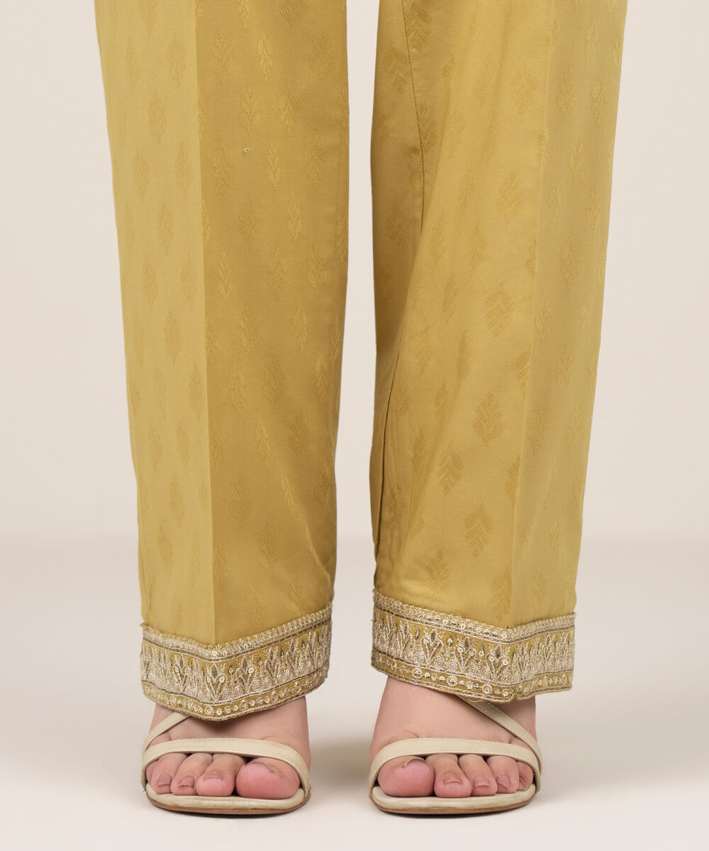 Women's RTW Self Jacquard Leno Embroidered Yellow Straight Pants