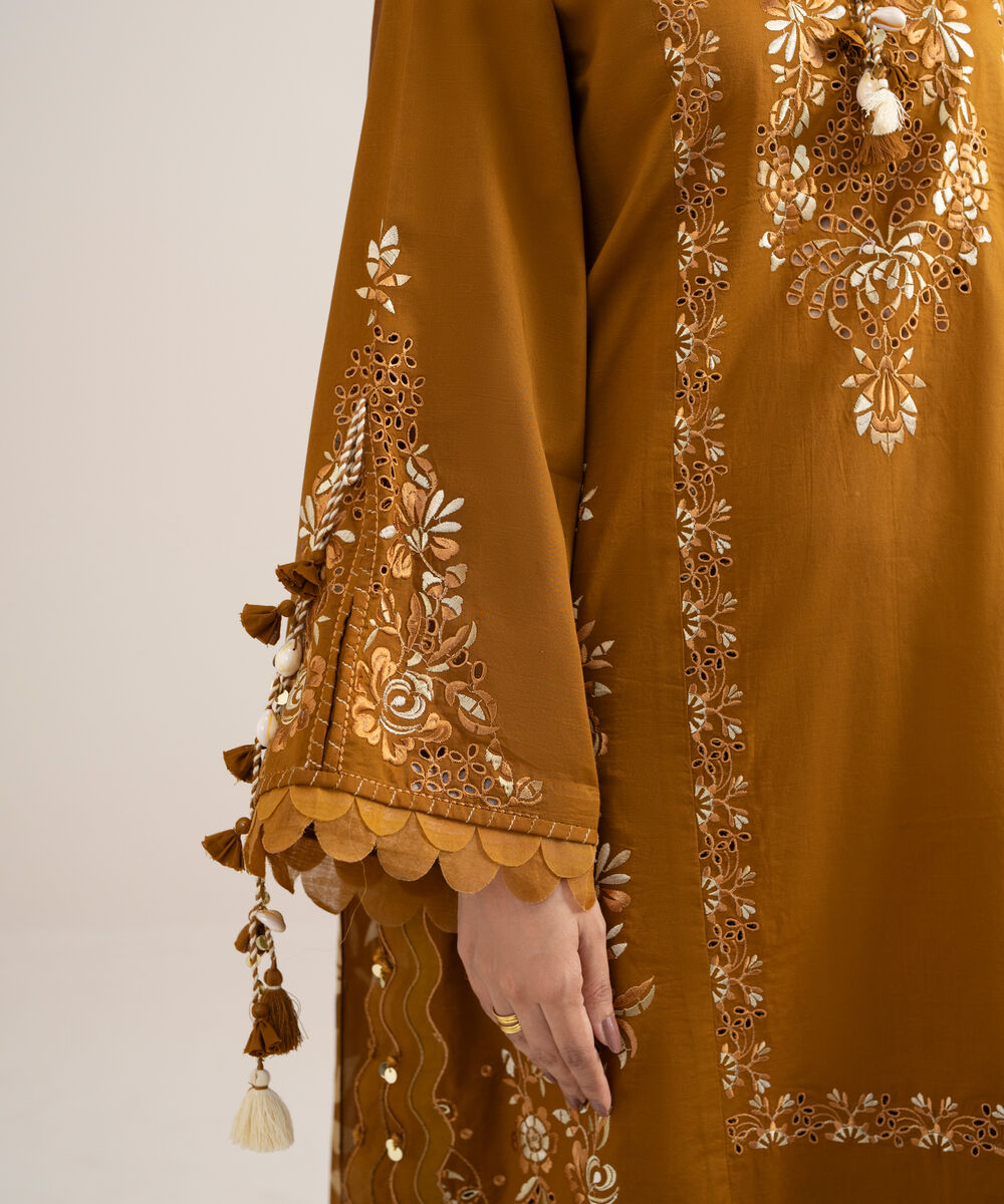 Women's Unstitched Textured Lawn Embroidered Brown 3 Piece Suit