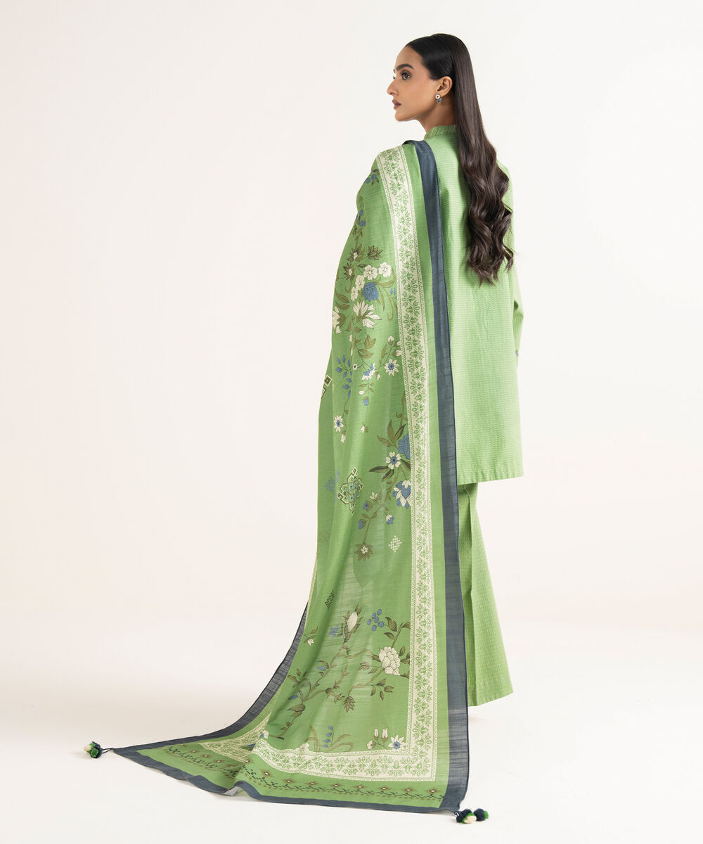 Women's Unstitched Dobby Embroidered Green  3 Piece Suit