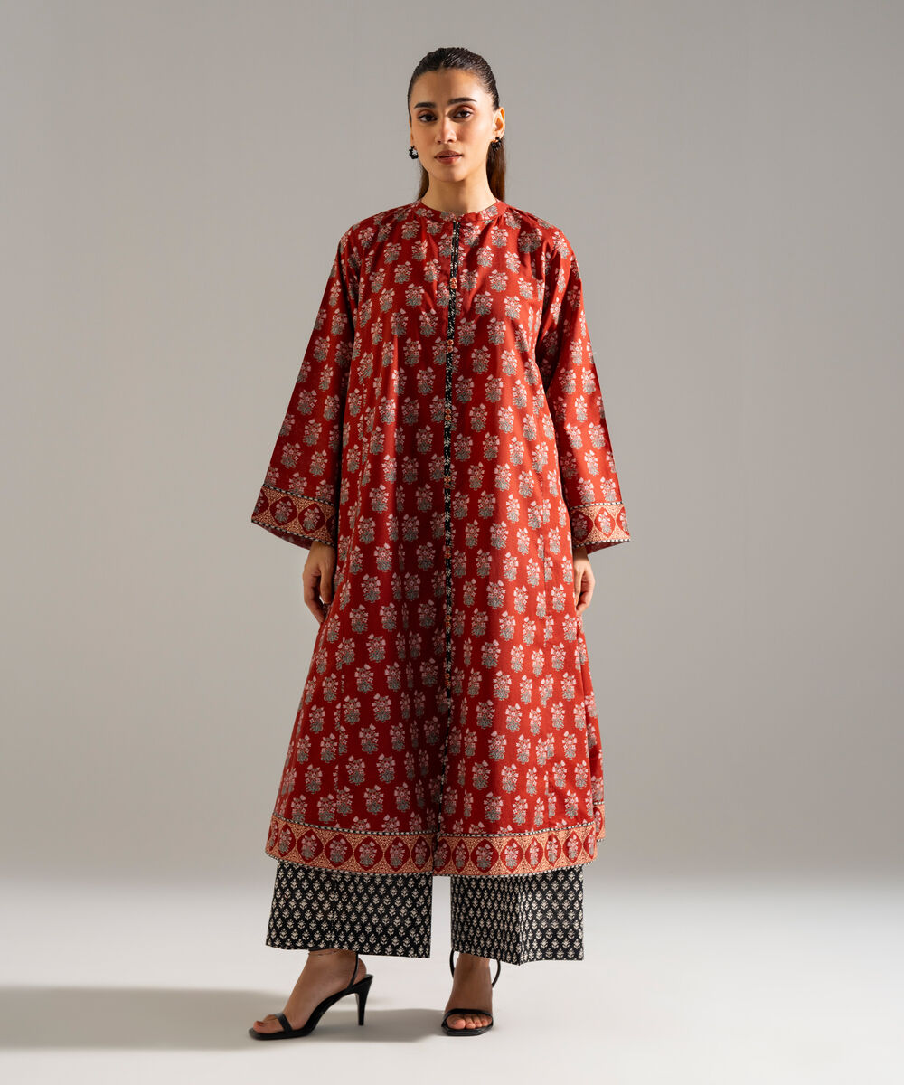 Women's RTW Slub Lawn Printed Maroon A-Line Shirt