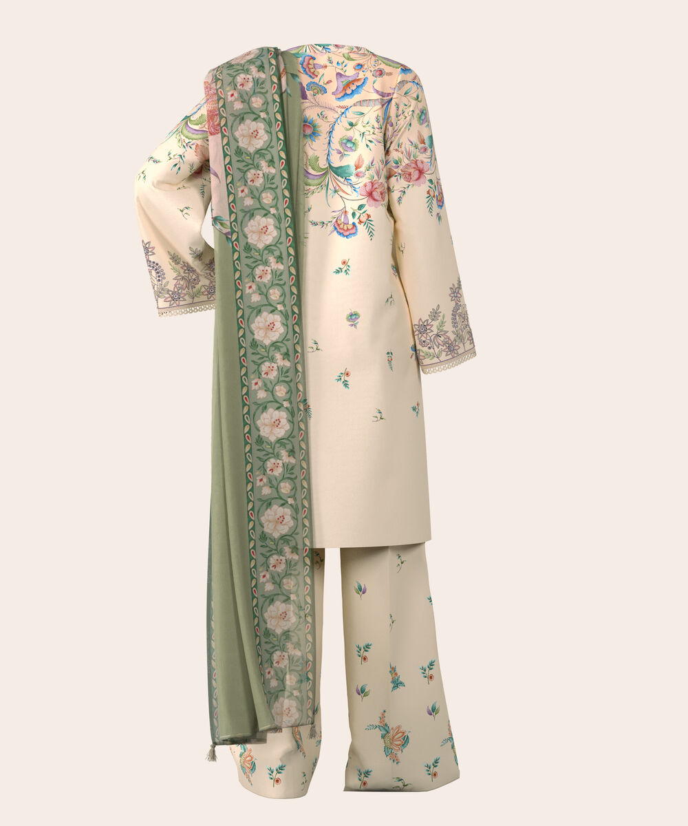 Women's Unstitched Lawn Off White  Embroidered 3 Piece Suit