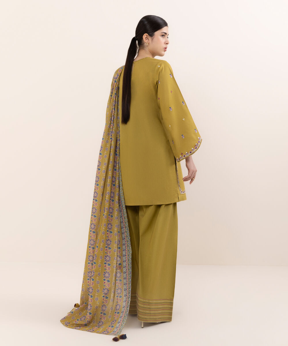 Women's Unstitched Lawn Embroidered Mustard Three Piece Suit