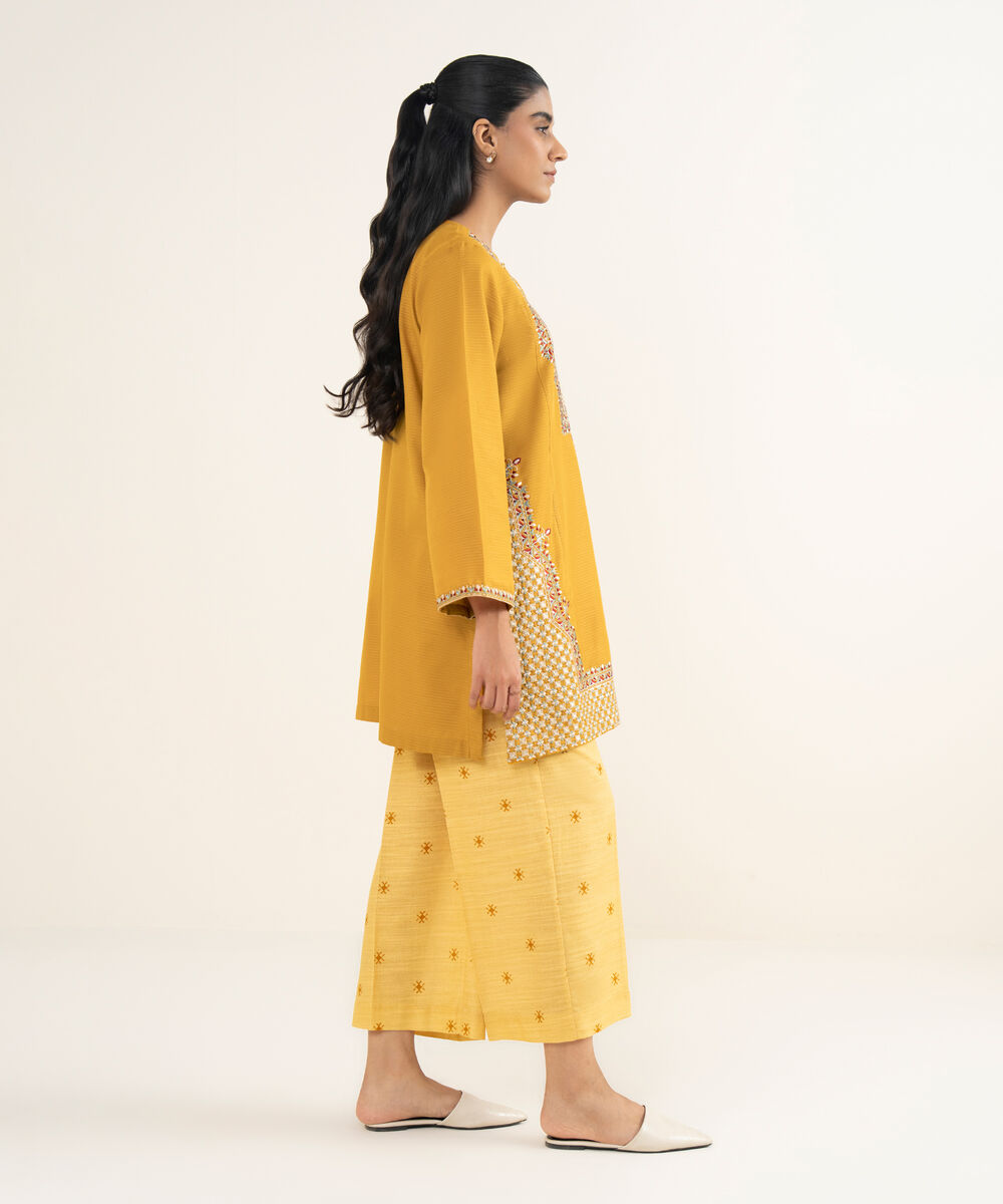 Women's RTW Fancy Textured Slub Embroidered Mustard Straight Shirt
