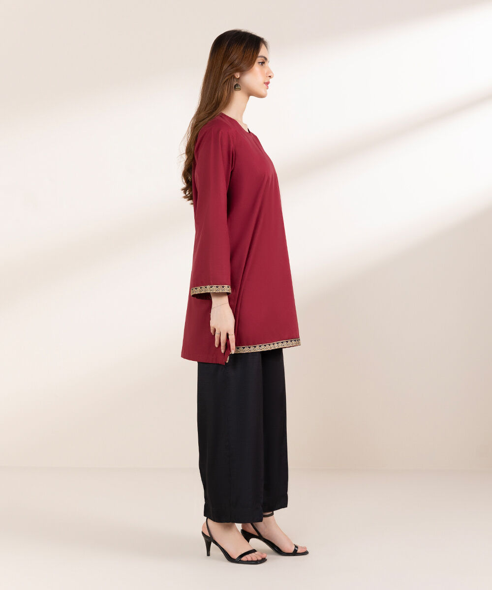 Women's Pret Cambric Maroon Embroidered Front Open Jacket