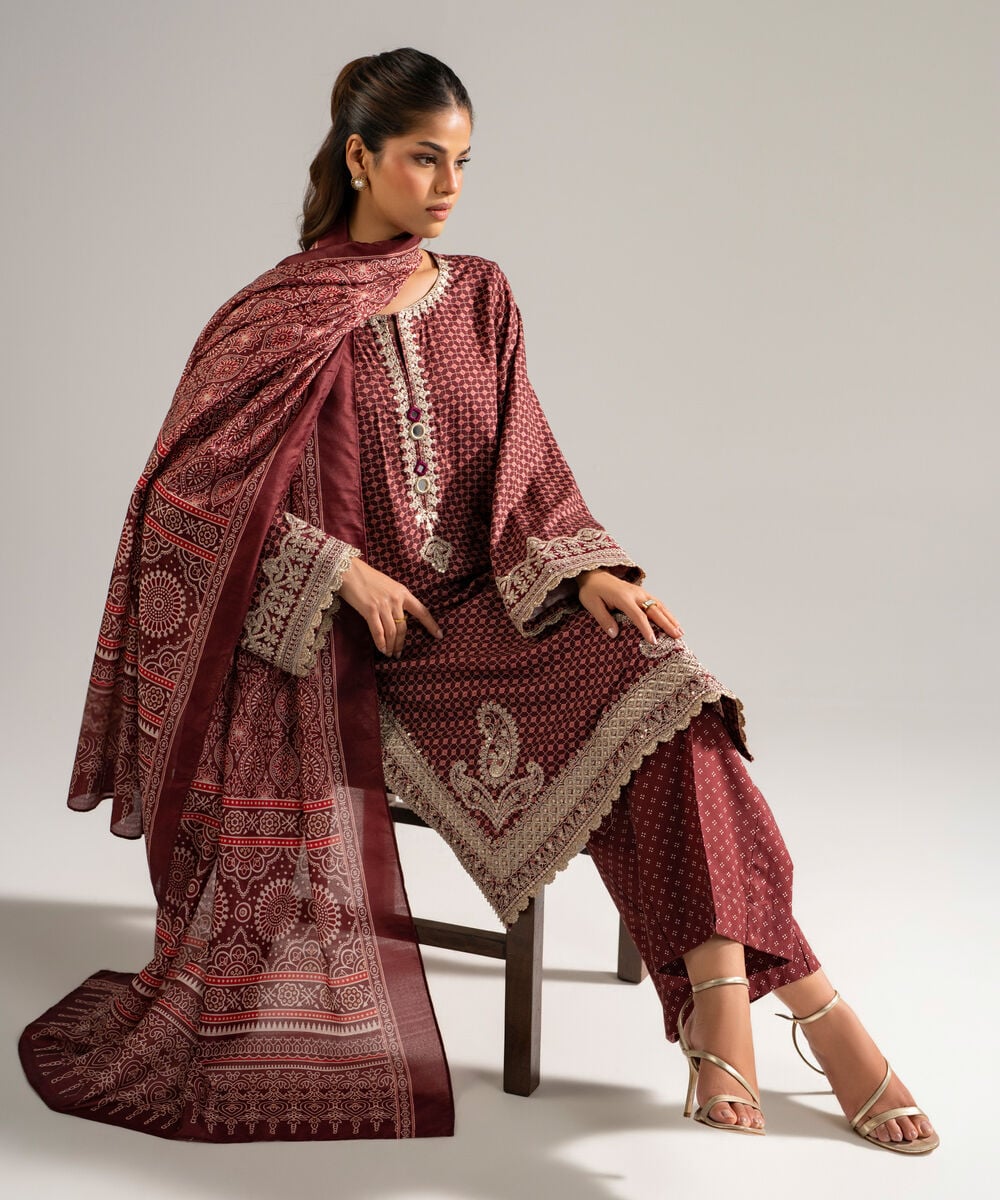 Women's RTW Arabic Dobby Embroidered Maroon 3 Piece Suit