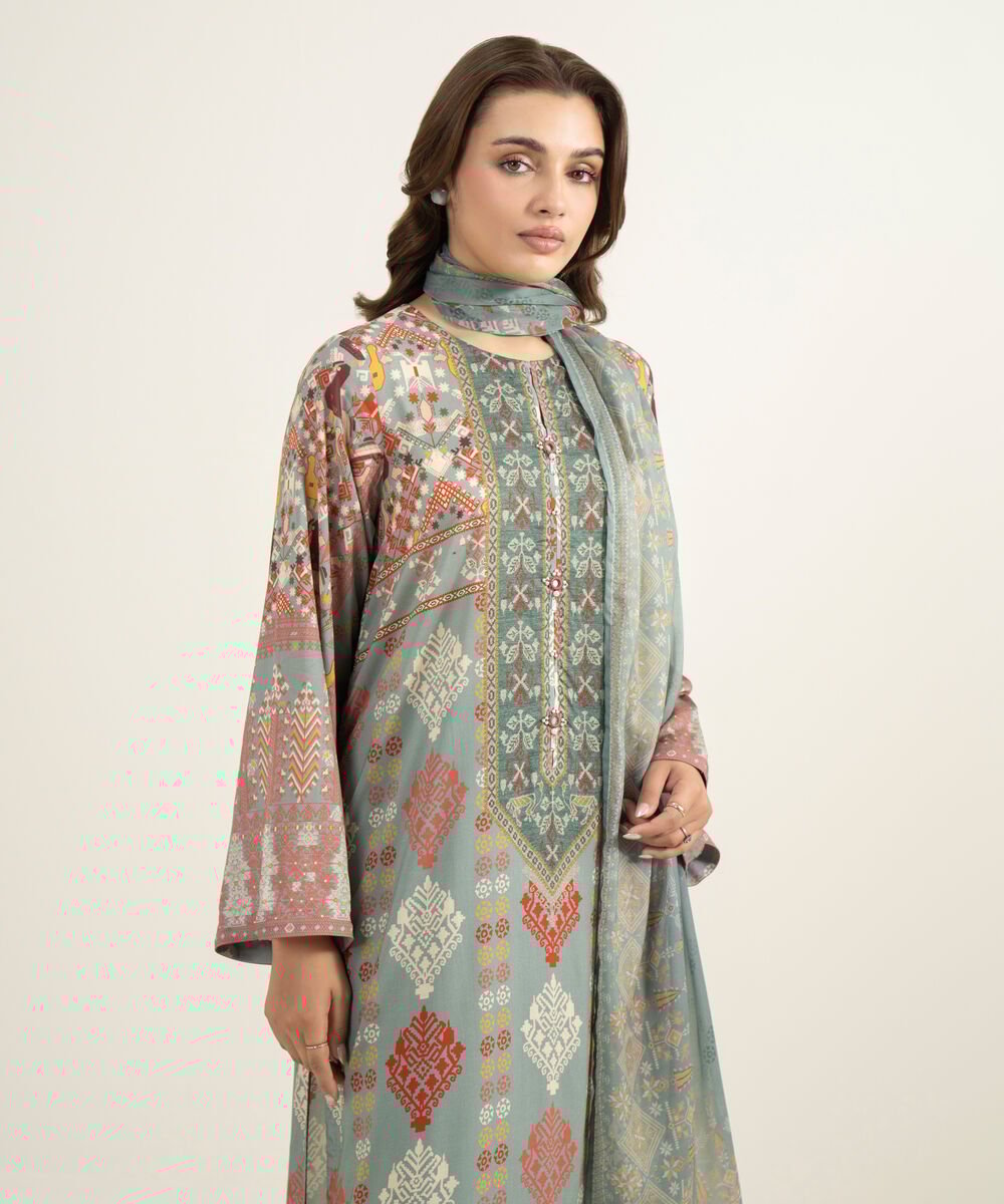 Women's RTW Viscose Raw Silk Printed Grey 3 Piece Suit