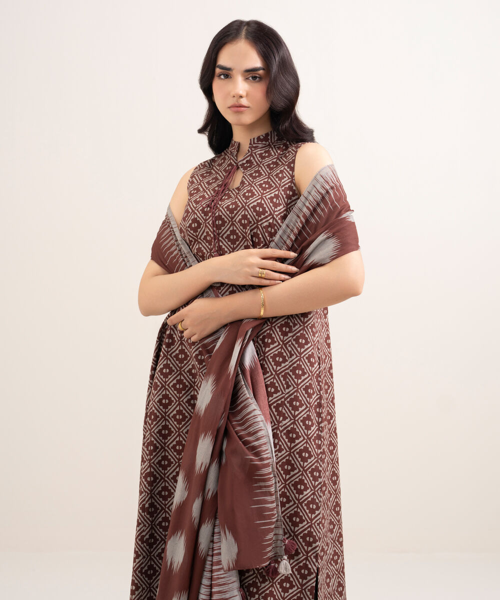 Women's Unstitched Lawn Printed Brown 3 Piece Suit