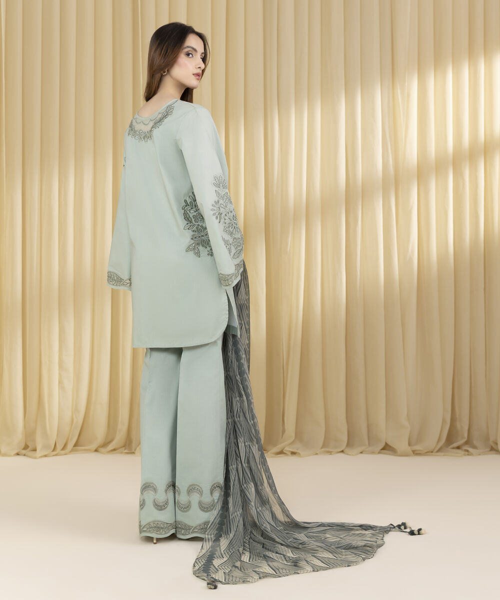 Unstitched Women's Green Dobby 3 Piece Suit