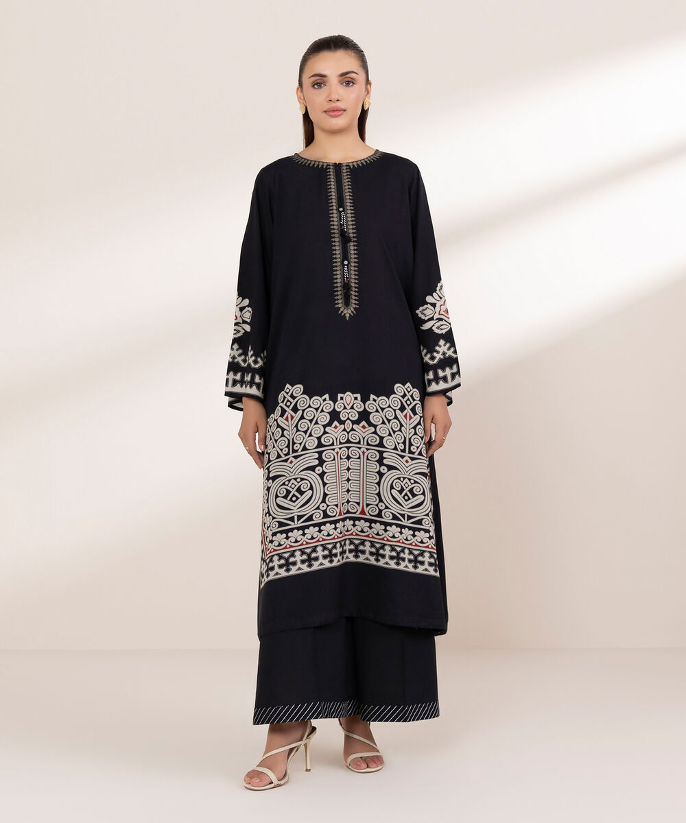 Women's RTW Arabic Lawn Black Printed Boxy Shirt