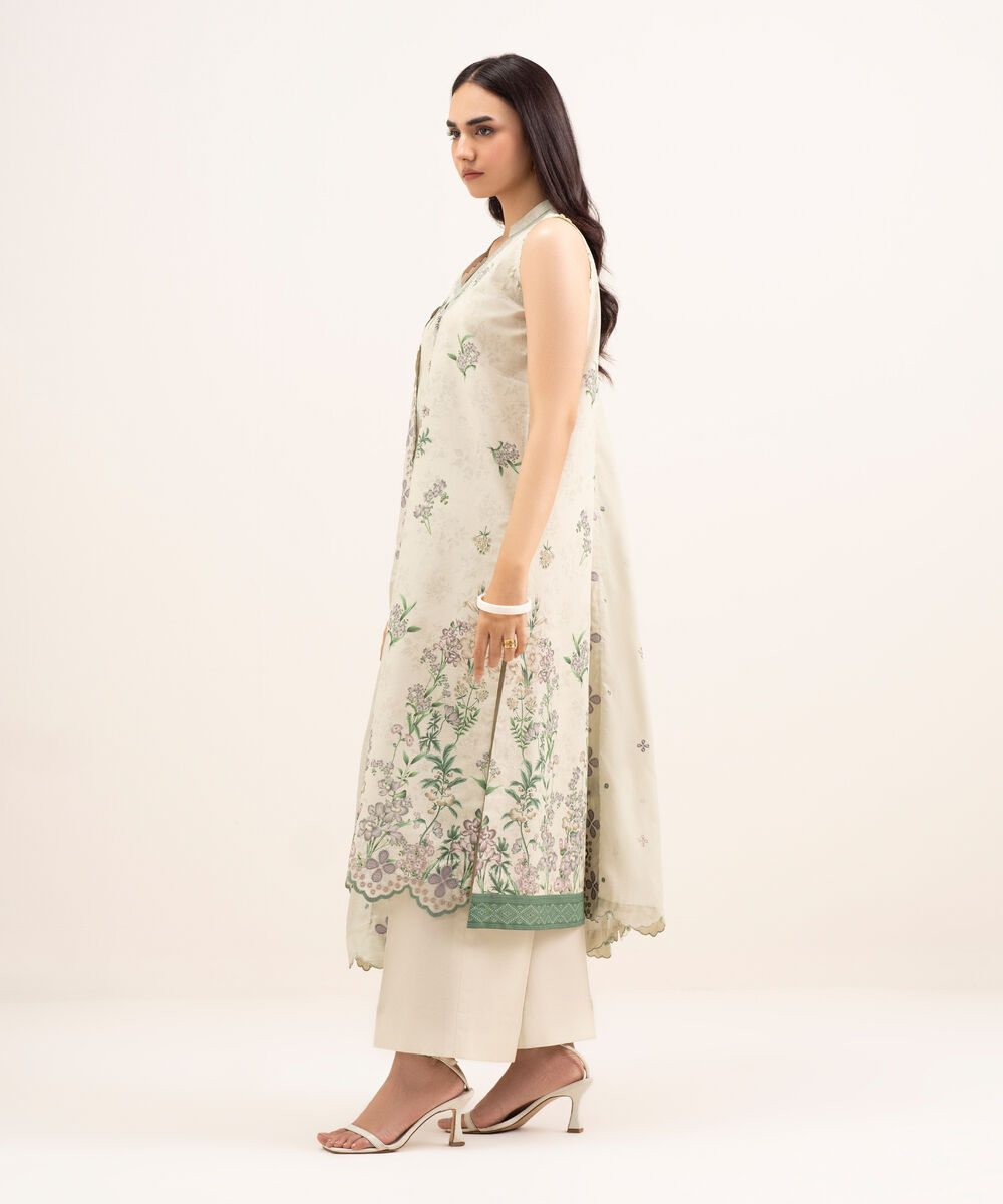 Women's Unstitched Lawn Embroidered Beige 3 Piece Suit