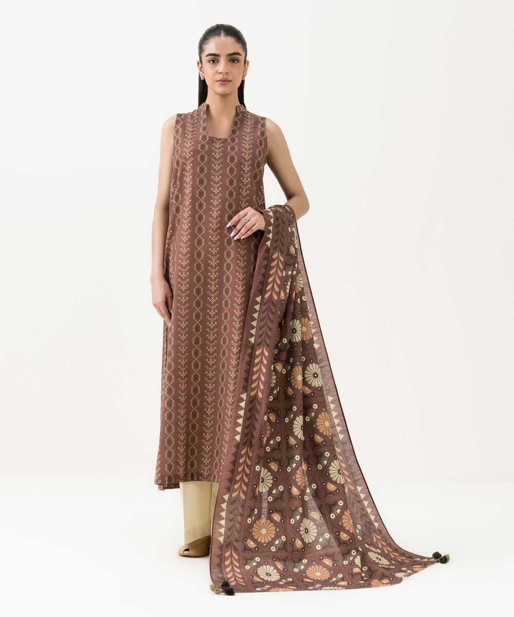Women's Unstitched Cotton Printed Brown 2 Piece Suit