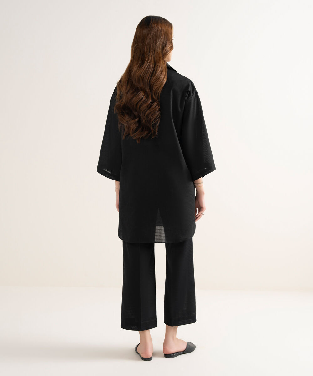 Women's RTW Textured Cotton Solid Boxy Black Shirt