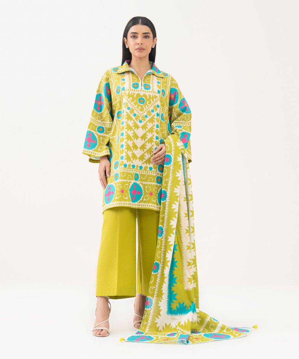 Women's RTW Light Khaddar Printed Green Drop Shoulder Shirt